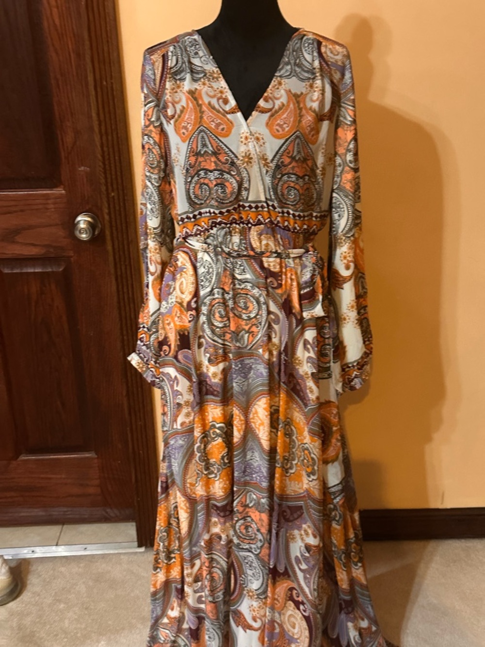 Lulu's Orange and Cream Paisley Maxi Dress with Long Sleeves